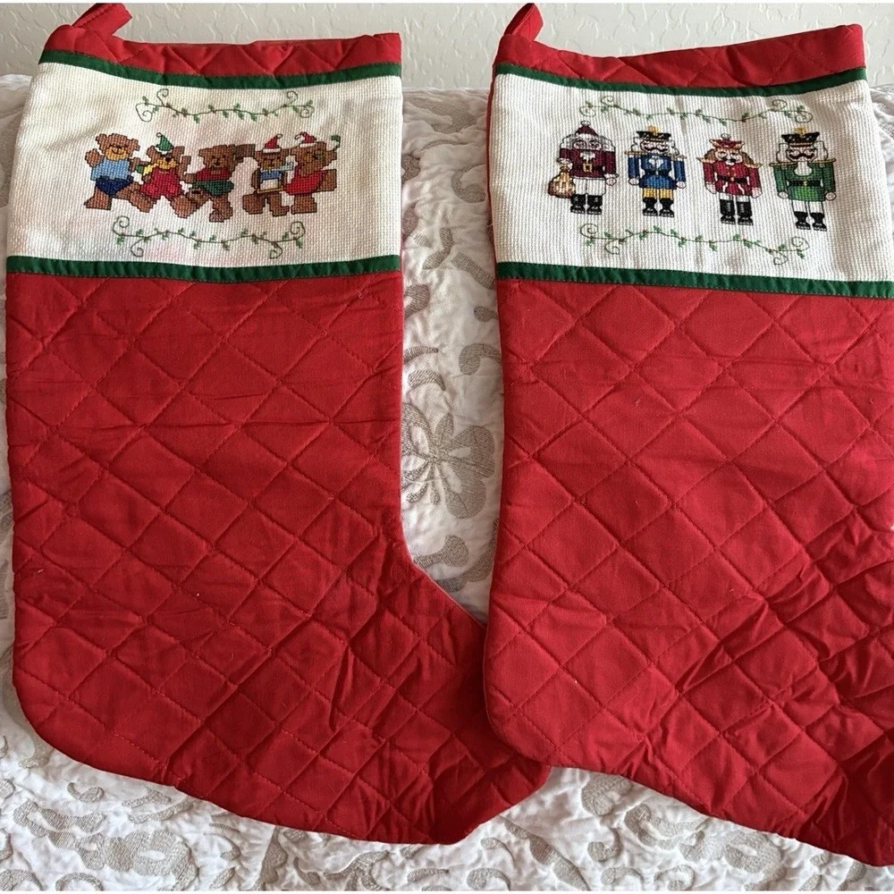 Set Of 2  VTG   hand made Needlework‎ Christmas Stockings bears and soldiers